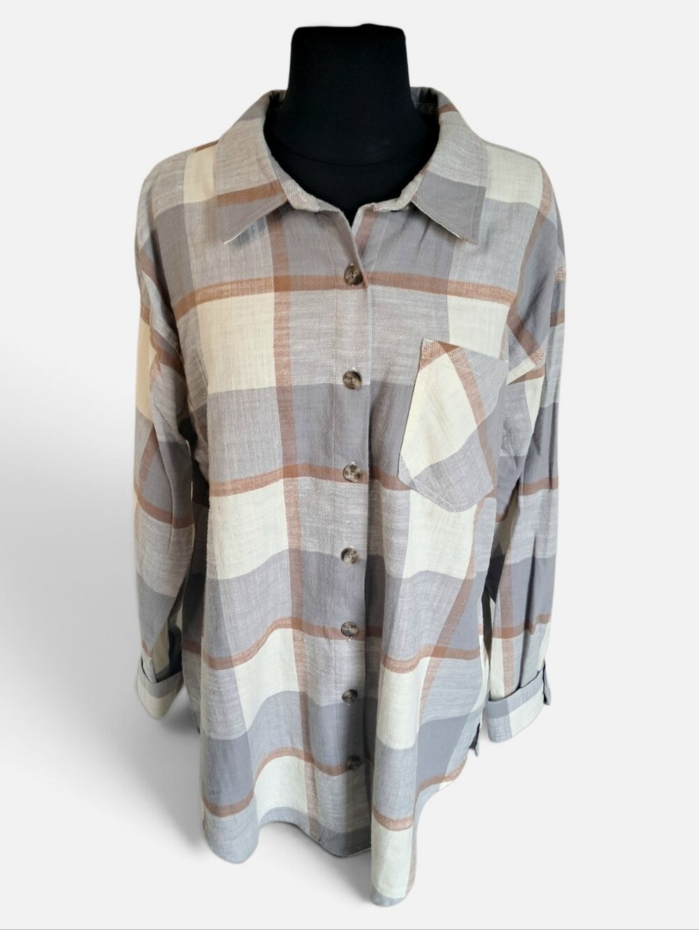 Maurices Cabin Plaid Boyfriend Tunic Button Down Shirt Gray Brown Size L